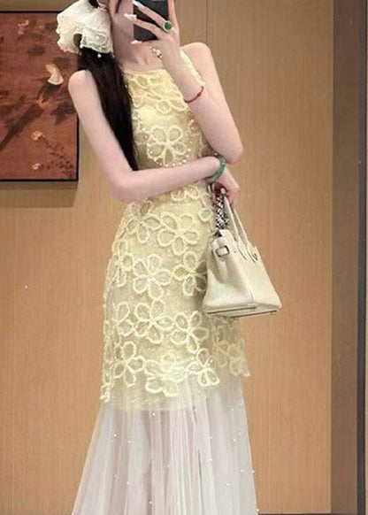 Slim Fit Yellow O-neck Tulle Patchwork Lace Long Dresses Sleeveless
