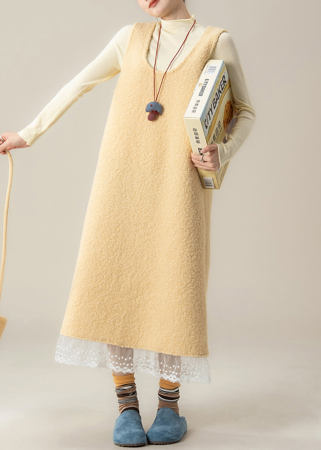 Slim Fit Yellow U Neck Back Side Open Lace Patchwork Woolen Two Pieces Set Spring