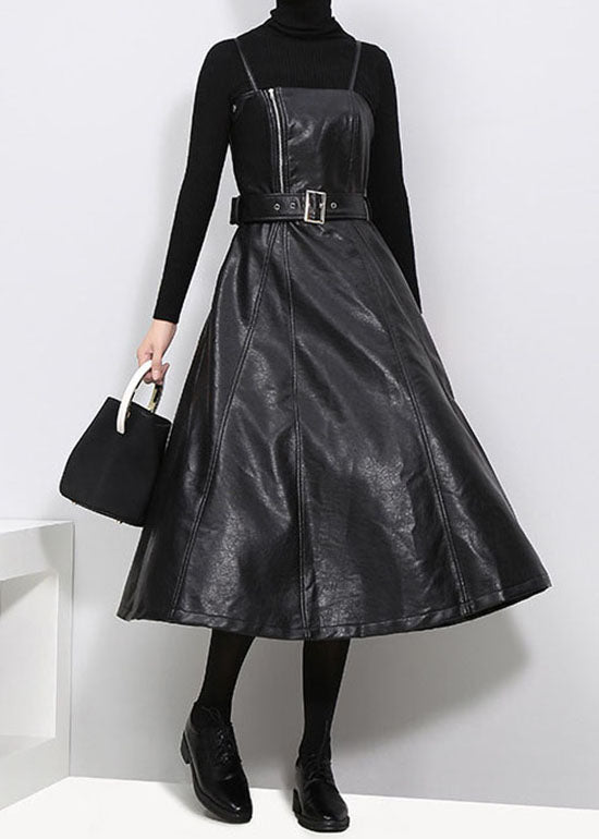 Slim Fit Tie Waist Black Faux Leather Spaghetti Strap Dresses Spring