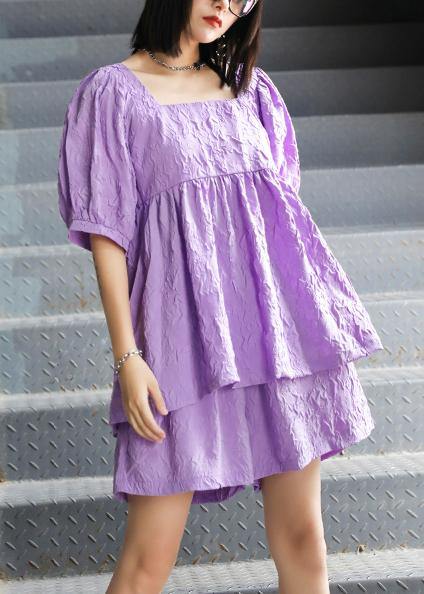 Slimming Suit New Large Size Bubble Sleeve Purple Shirt Shorts Two-piece Suit