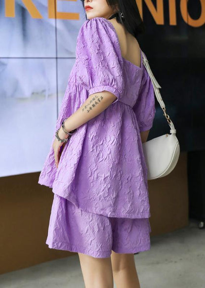 Slimming Suit New Large Size Bubble Sleeve Purple Shirt Shorts Two-piece Suit
