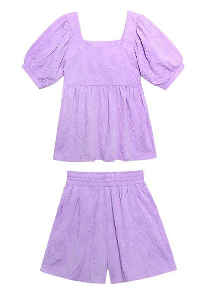 Slimming Suit New Large Size Bubble Sleeve Purple Shirt Shorts Two-piece Suit