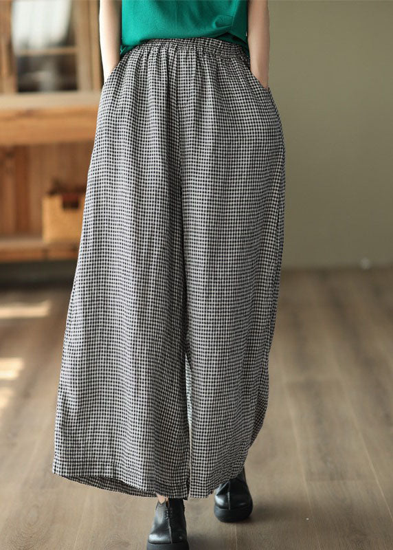 Small Plaid Pockets Patchwork Linen Wide Leg Pants Summer