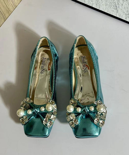 Soft Bow Zircon Splicing Flat Shoes for Green Faux Leather