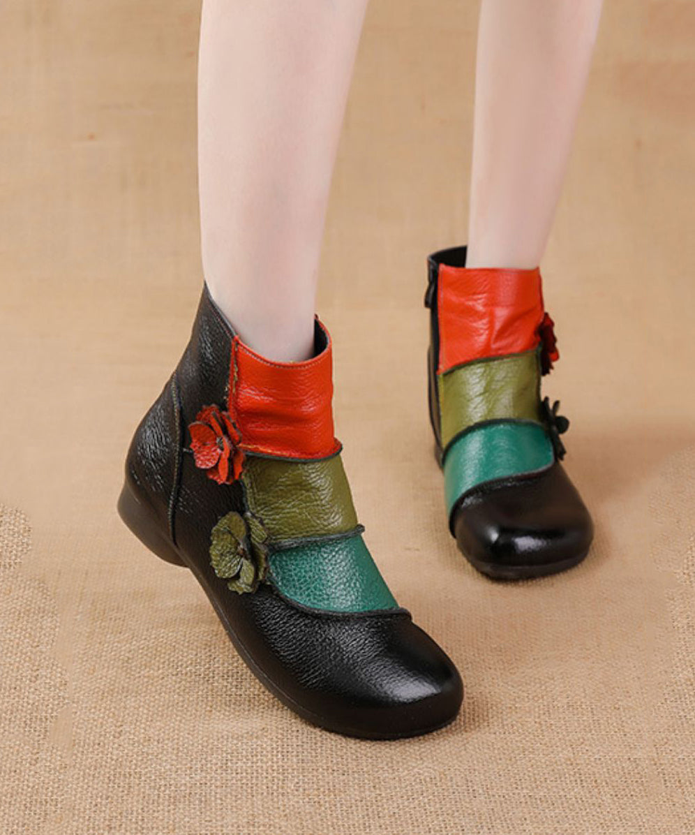 Soft Cowhide Leather Boots Black Splicing