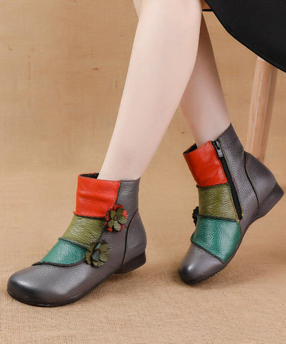 Soft Cowhide Leather Boots Black Splicing
