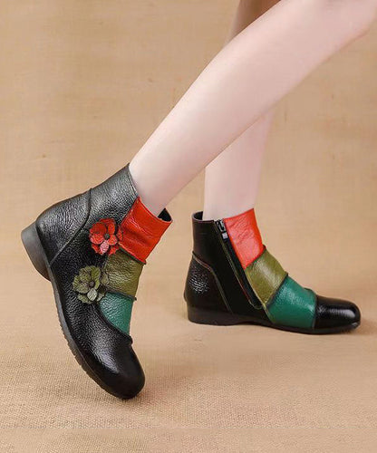Soft Cowhide Leather Boots Black Splicing