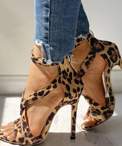 Soft Leopard Print Cross Strap Zippered Stiletto Sandals Velour Fabric