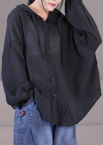 Black Cotton Upf 50+ Coat Jackets Oversized Drawstring Long Sleeve