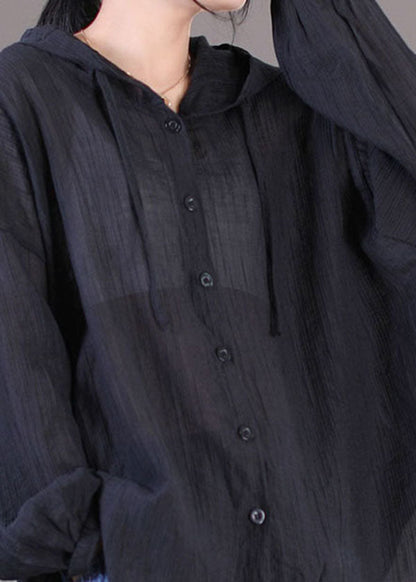 Black Cotton Upf 50+ Coat Jackets Oversized Drawstring Long Sleeve