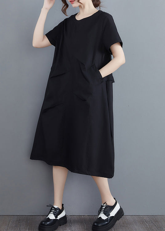 Black Pockets Vacation Dresses Wrinkled Short Sleeve