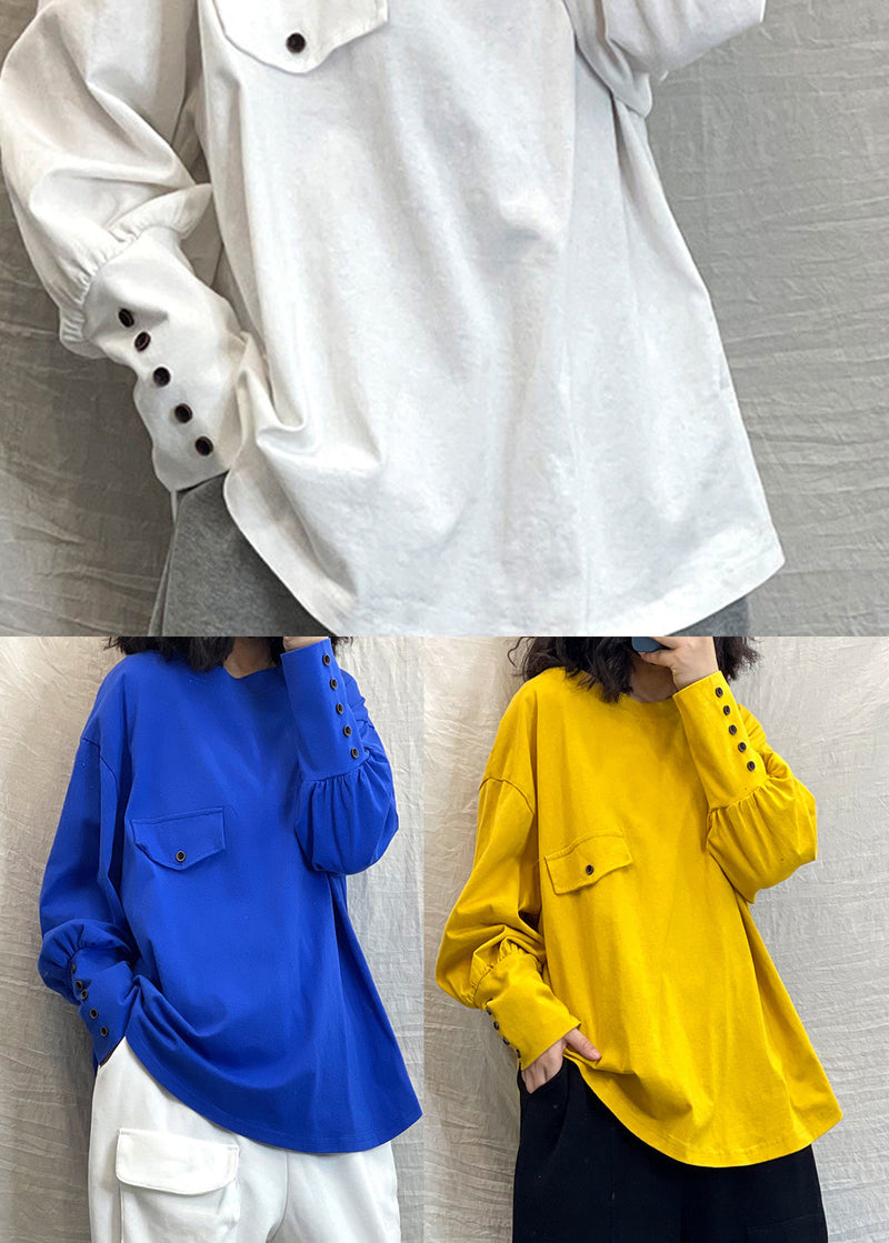Blue O-neck Button Cotton Loose Sweatshirt Long Sleeve
