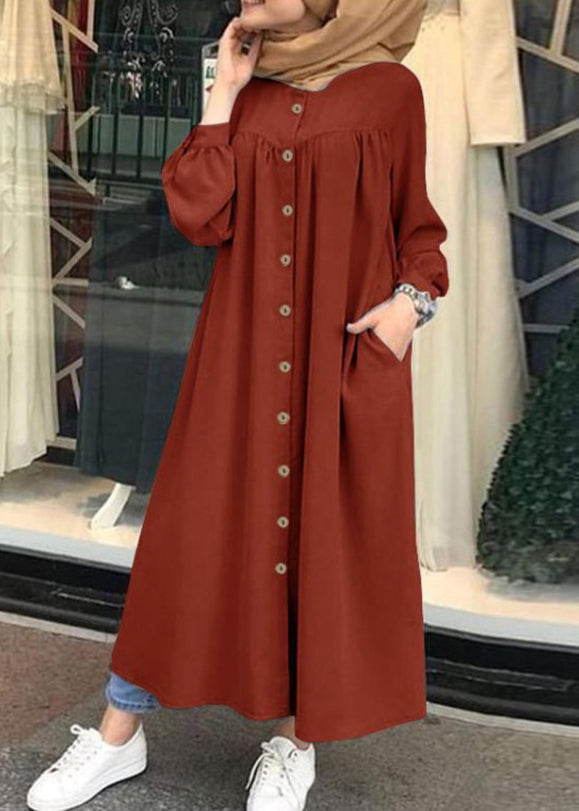 Button Front Ruched Short Sleeve Crew Neck Maxi Dress Orange