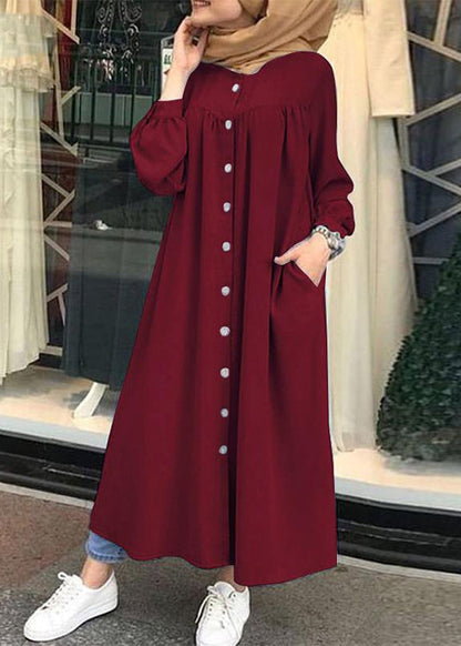 Button Front Ruched Short Sleeve Crew Neck Maxi Dress Orange