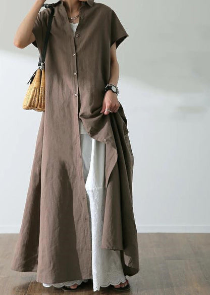 Button Lapel Ruched Short Sleeve Maxi Shirt Dress Coffee