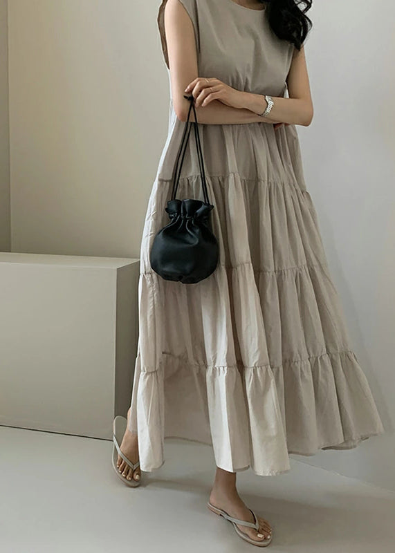 Color Sleeveless V-neck Pleated Layered Lace Up Daily Maxi Dress Apricot