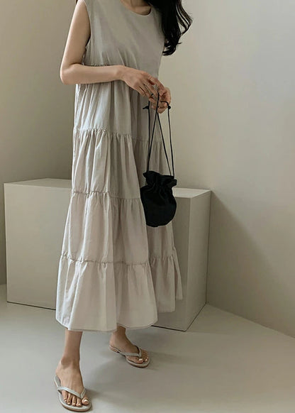 Color Sleeveless V-neck Pleated Layered Lace Up Daily Maxi Dress Apricot