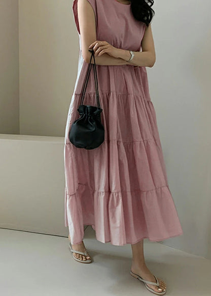 Color Sleeveless V-neck Pleated Layered Lace Up Daily Maxi Dress Apricot