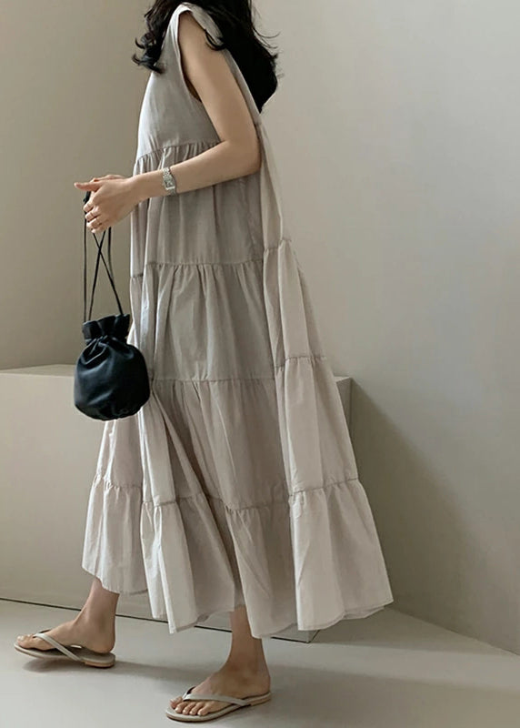 Color Sleeveless V-neck Pleated Layered Lace Up Daily Maxi Dress Apricot