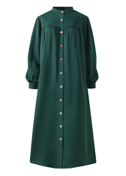 Color Stand Collar Button Down Front Leisure Loose Maxi Dress With Side Pockets