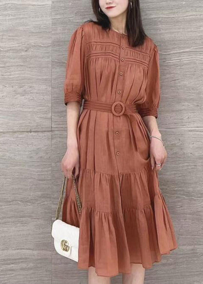Color Stand Collar Puff Sleeve Belted Pleated Shirt Maxi Dress Orange