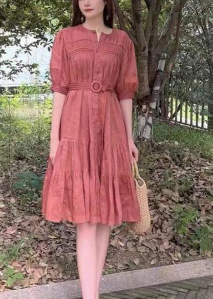Color Stand Collar Puff Sleeve Belted Pleated Shirt Maxi Dress Orange