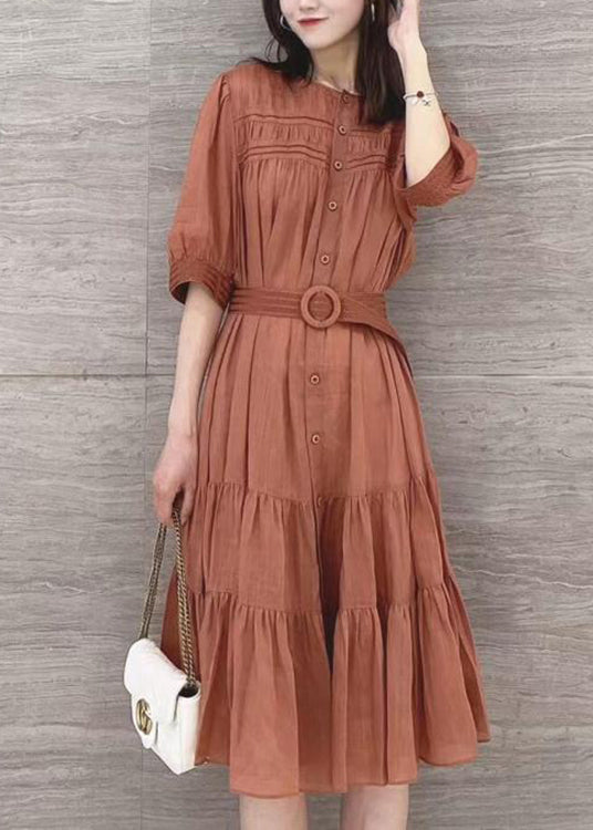 Color Stand Collar Puff Sleeve Belted Pleated Shirt Maxi Dress Orange