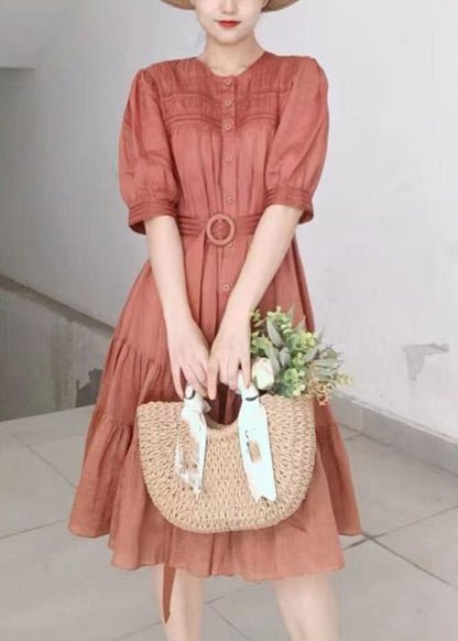 Color Stand Collar Puff Sleeve Belted Pleated Shirt Maxi Dress Orange