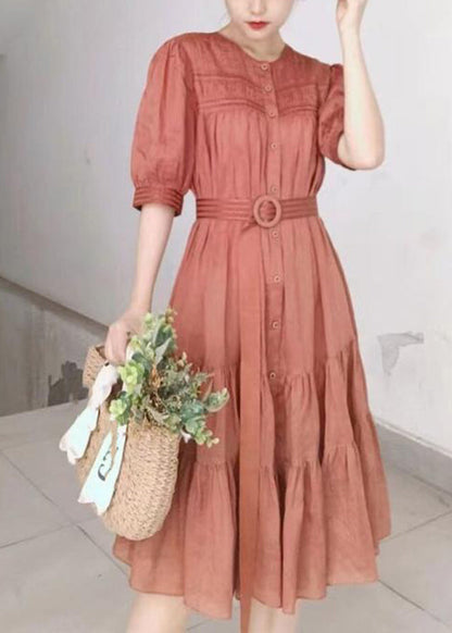 Color Stand Collar Puff Sleeve Belted Pleated Shirt Maxi Dress Orange