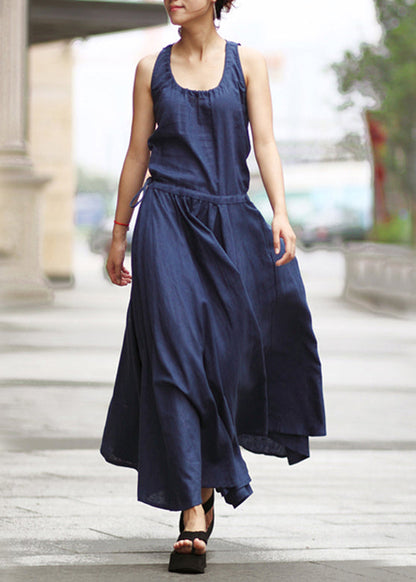 Drawstring Ruched Sleeveless Maxi Dress Navy