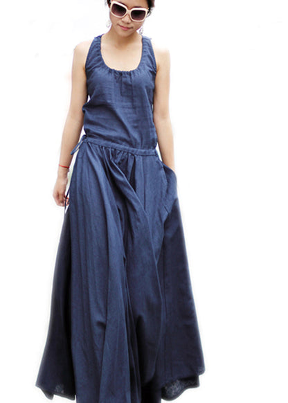 Drawstring Ruched Sleeveless Maxi Dress Navy