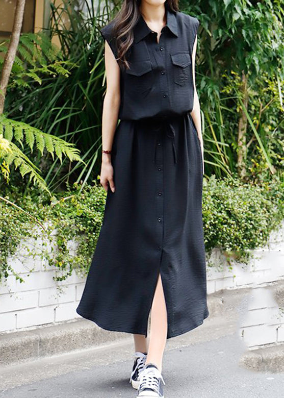 Drawstring Waist Pocket Button Front Maxi Cargo Dress Black
