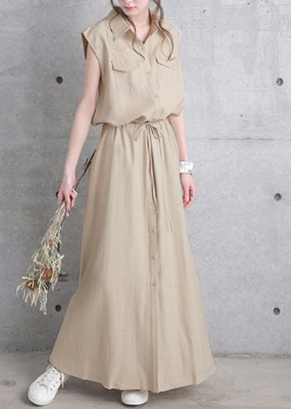 Drawstring Waist Pocket Button Front Maxi Cargo Dress Black