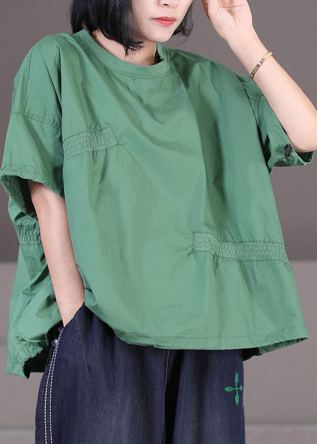 Green Cotton Loose Sweatshirt Top Asymmetrical Design Elastic Wrinkled Short Sleeve
