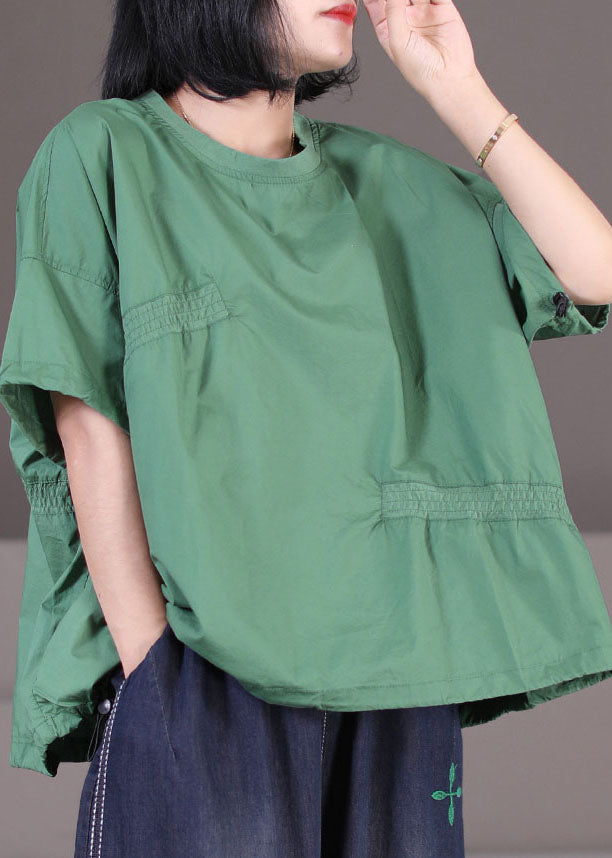 Green Cotton Loose Sweatshirt Top Asymmetrical Design Elastic Wrinkled Short Sleeve