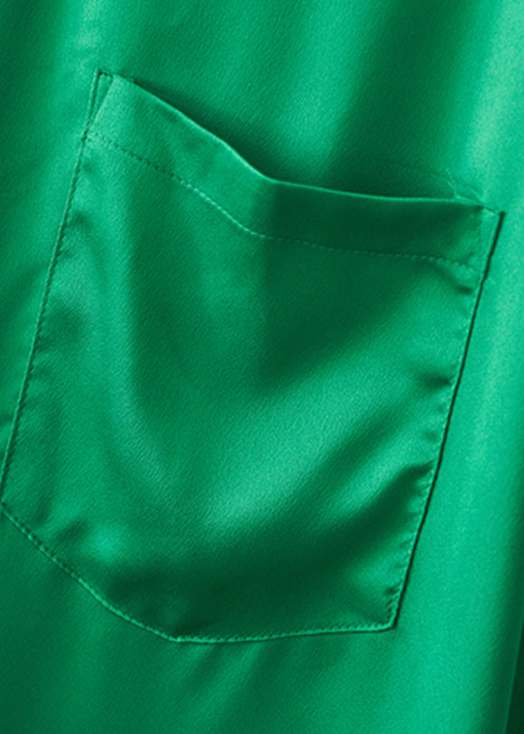 Green Peter Pan Collar Pockets Button Silk Shirt Long Sleeve