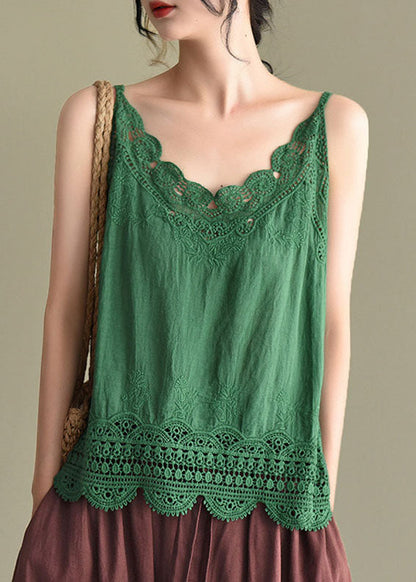 Green Cotton Spaghetti Strap Tops Hollow Out Summer