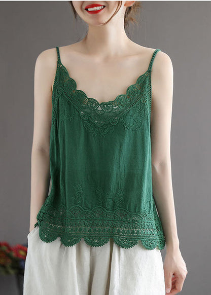 Green Cotton Spaghetti Strap Tops Hollow Out Summer