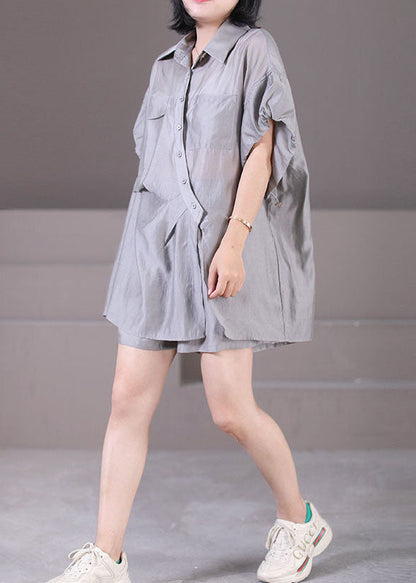Grey Silk Shirts and Shorts Two Pieces Set Peter Pan Collar Button Wrinkled Summer