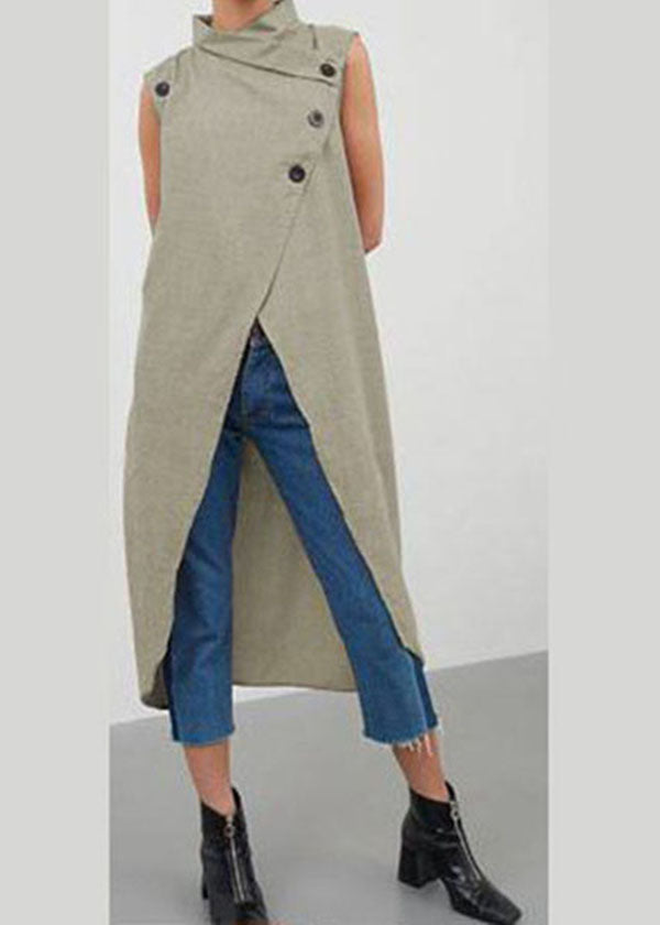 Khaki Cotton Top Asymmetrical Stand Collar Button Sleeveless