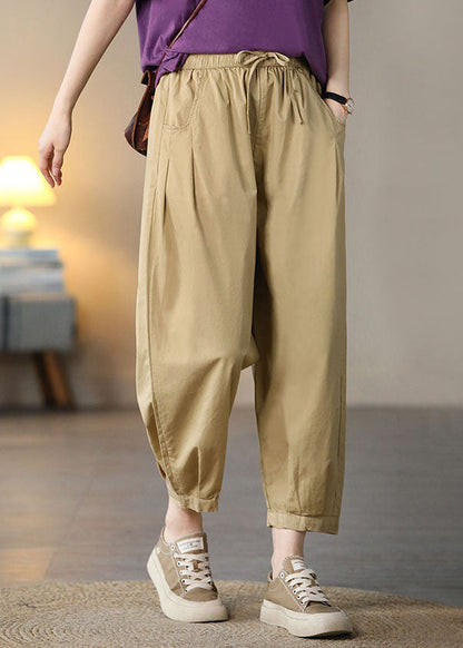 Khaki Pockets Cotton Crop Pants High Waist Spring