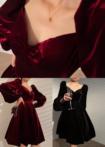 Mulberry Velour Vestidos Party Dress V Neck Lantern Sleeve