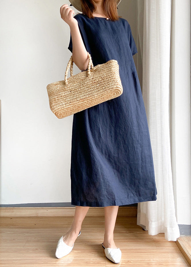 Navy O-neck Cinched Linen Shirt Top Short Sleeve
