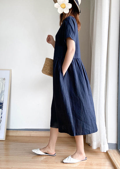 Navy O-neck Cinched Linen Shirt Top Short Sleeve