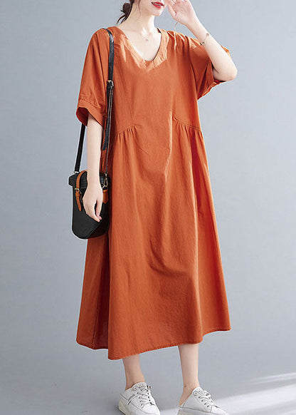 Orange Patchwork Cotton Holiday Dress Wrinkled Short Sleeve