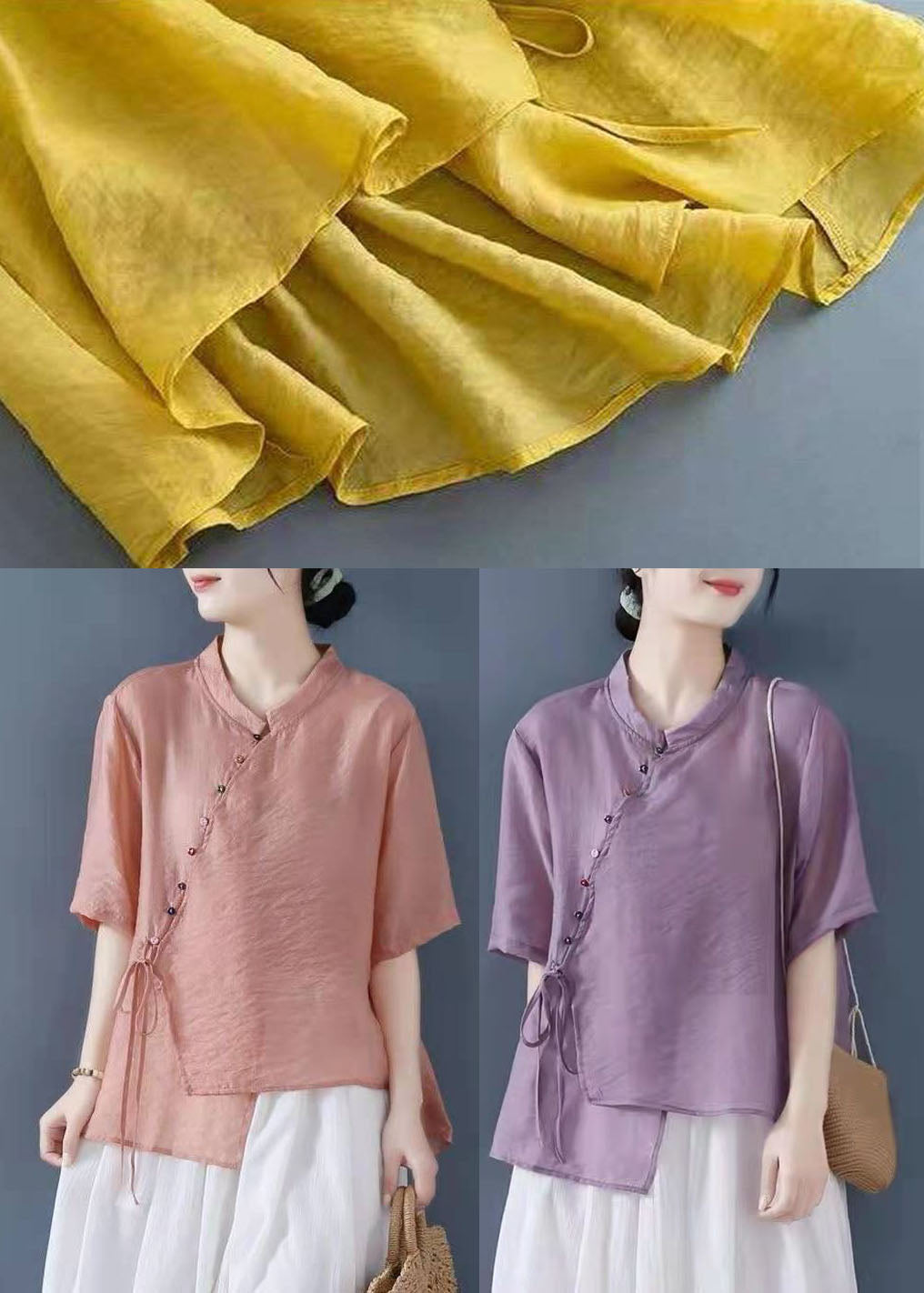 Purple Patchwork Shirt Top Chinese Style Button Half Sleeve