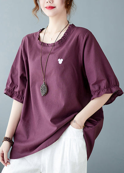 Purple Red O-neck Embroideried Ruffled Top Short Sleeve