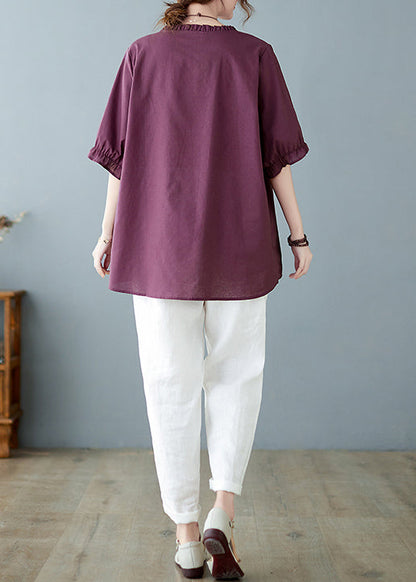 Purple Red O-neck Embroideried Ruffled Top Short Sleeve