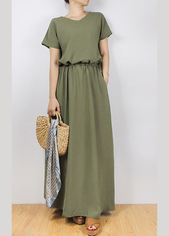 Sash Elastic Waist Short Sleeve Maxi Dress Green