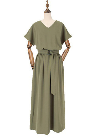 Sash Elastic Waist Short Sleeve Maxi Dress Green